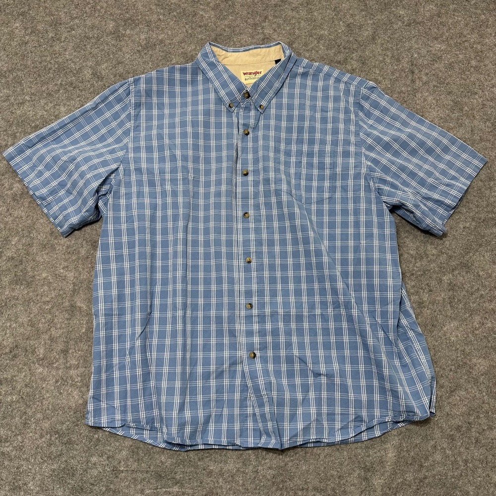Wrangler Button Down Shirt Mens 2XL Blue Plaid Short Sleeve Cotton Casual Top